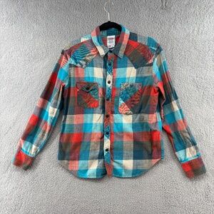 TOPO DESIGNS Favorites Icon Work Shirt Plaid Flannel  in Blue Size Medium